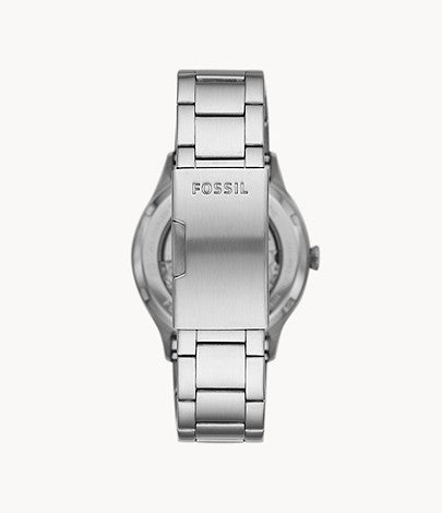 Caseback view of Fossil Forrester ME3180 with stainless steel bracelet
