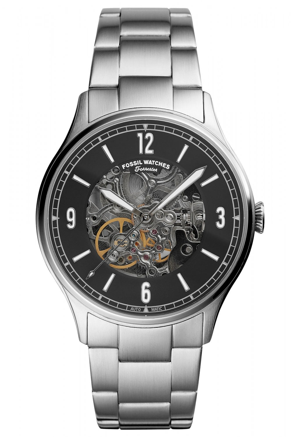 Fossil Forrester ME3180 automatic watch with skeleton dial, stainless steel bracelet, and visible movement