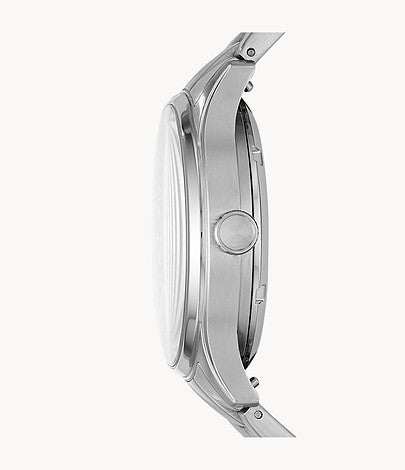 Side profile of Fossil Forrester ME3180 showing stainless steel case and bracelet