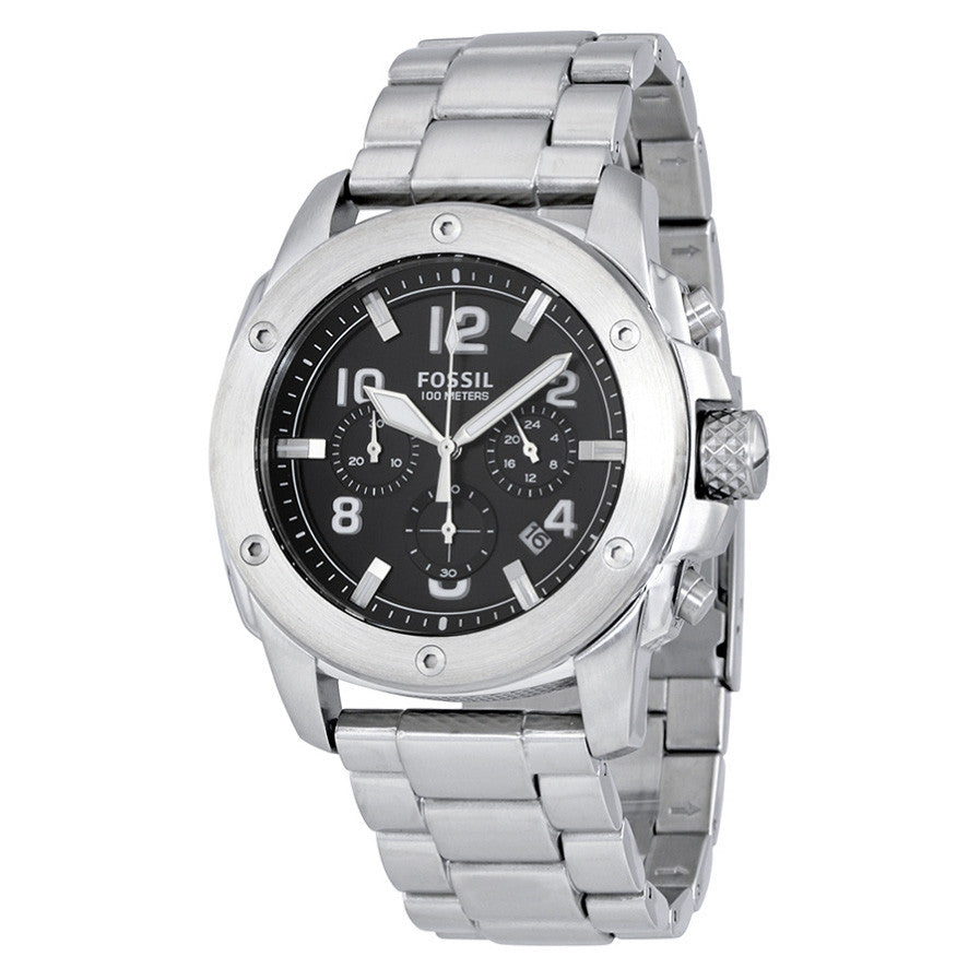 Fossil FS4926 Modern Machine watch at three-quarter angle showing stainless steel case and bracelet