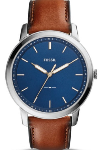 Fossil FS5304 minimalist watch with navy dial and light brown leather strap, front view