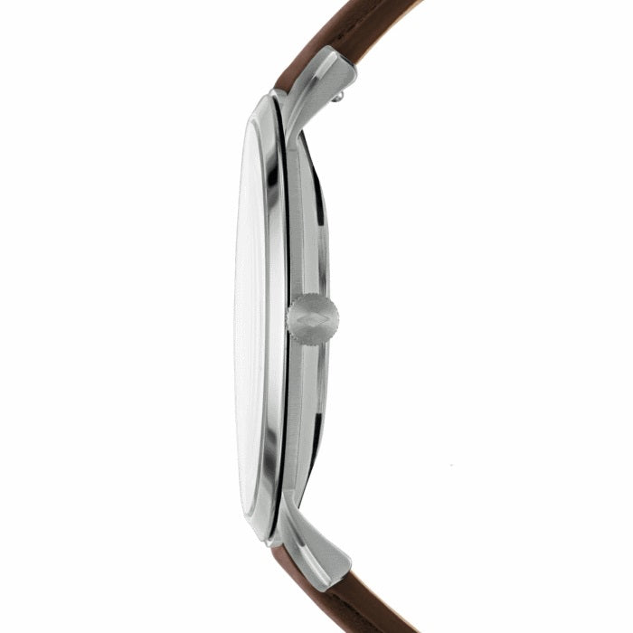 Side profile of Fossil FS5306 watch showing thin case and brown leather strap