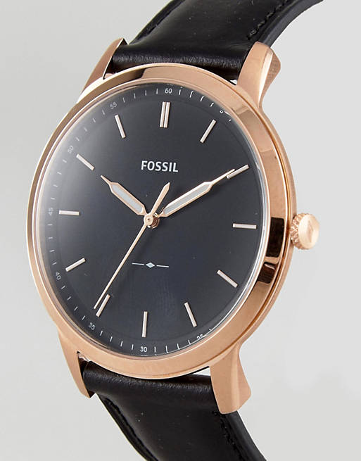 Fossil The Minimalist FS5376 side angle view showing rose gold case and black leather strap