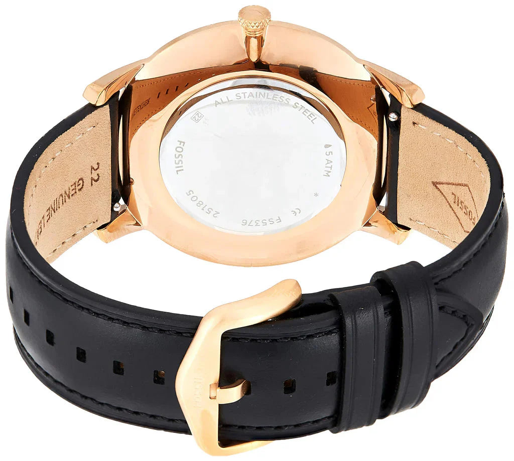 Fossil The Minimalist FS5376 caseback showing stainless steel construction and buckle