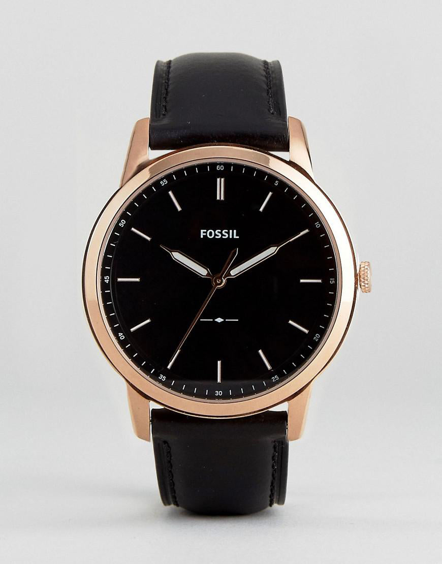 Fossil The Minimalist FS5376 black dial with rose gold case and black leather strap