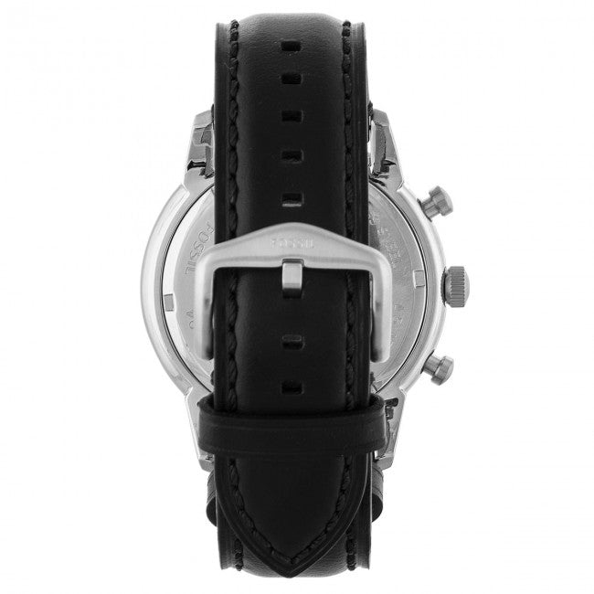Caseback view of Fossil FS5396 watch showing black leather strap construction