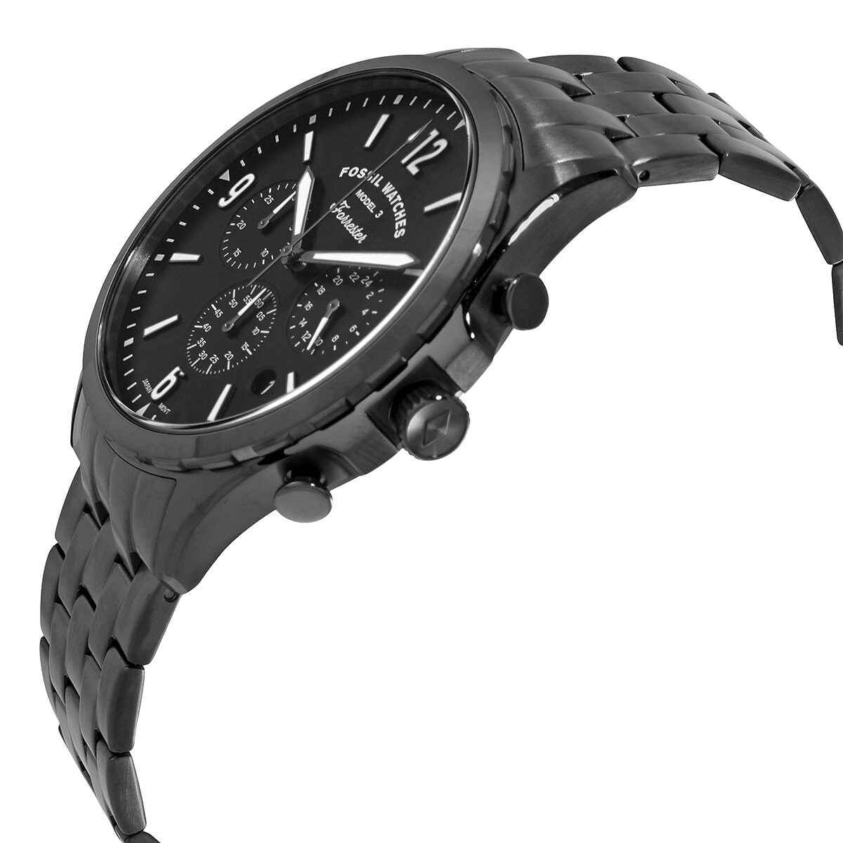 Side angle view of Fossil FS5606 chronograph watch with chronograph pushers and black dial