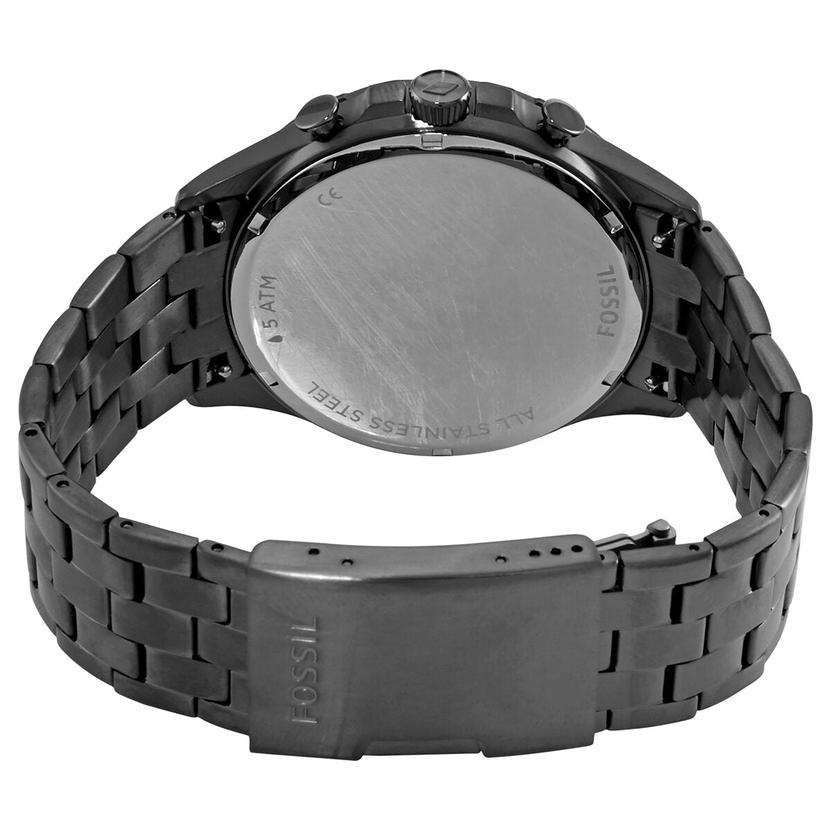 Caseback of Fossil FS5606 showing stainless steel case and bracelet attachment