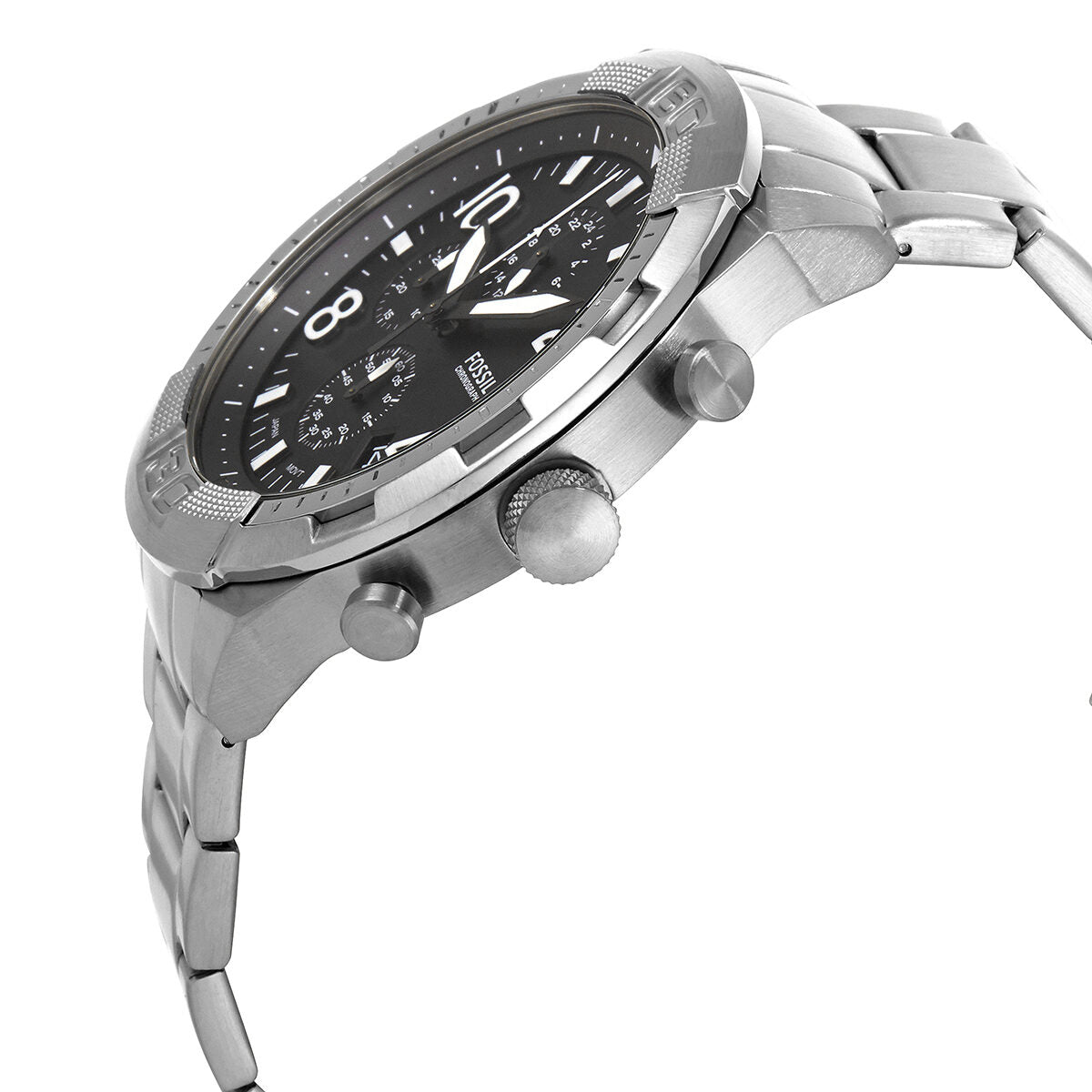 Fossil FS5710 chronograph watch side angle showing stainless steel case and strap