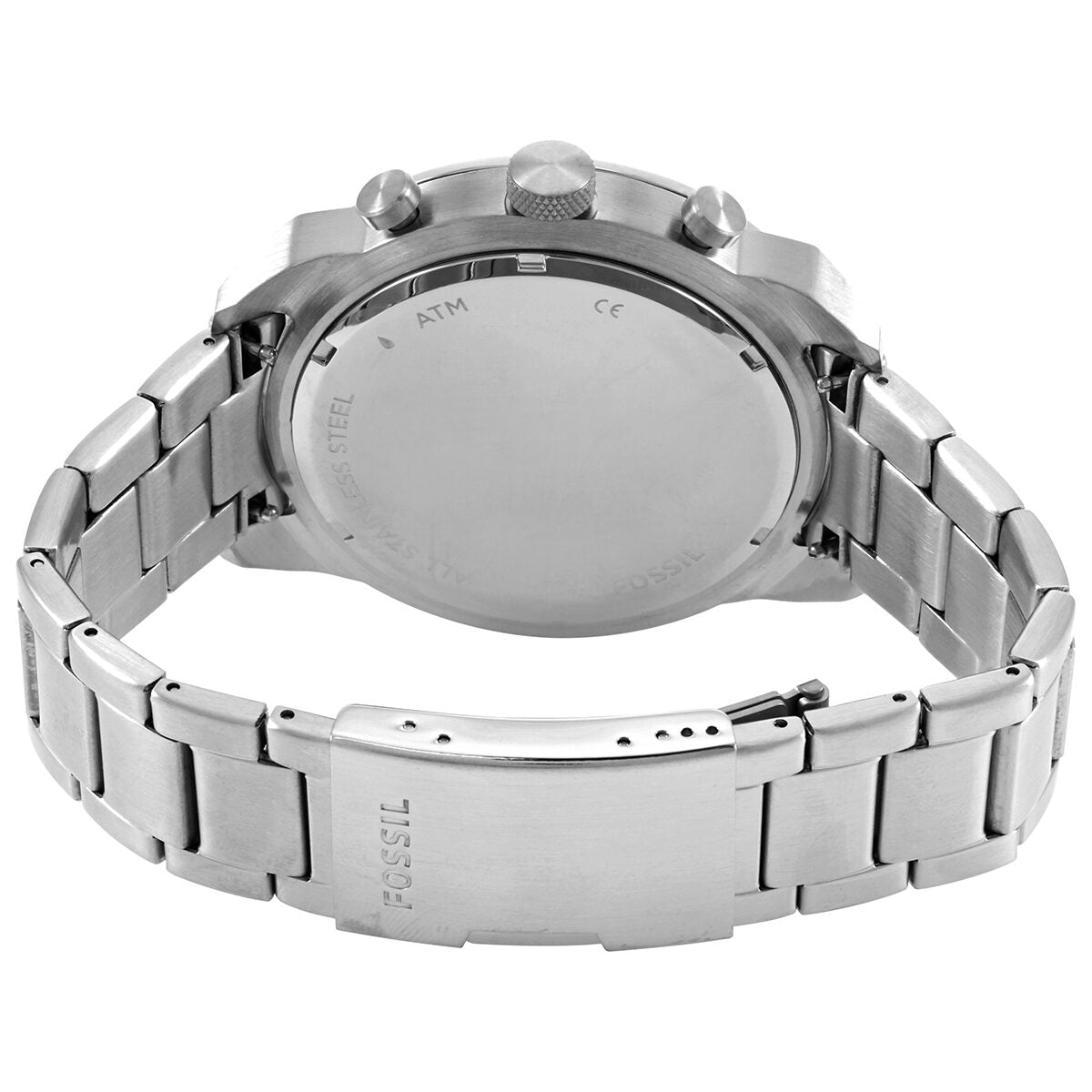Fossil FS5710 caseback showing stainless steel bracelet and engraved case back