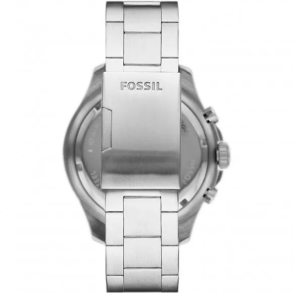 Caseback view of Fossil FS5767 watch showing stainless steel case back and bracelet