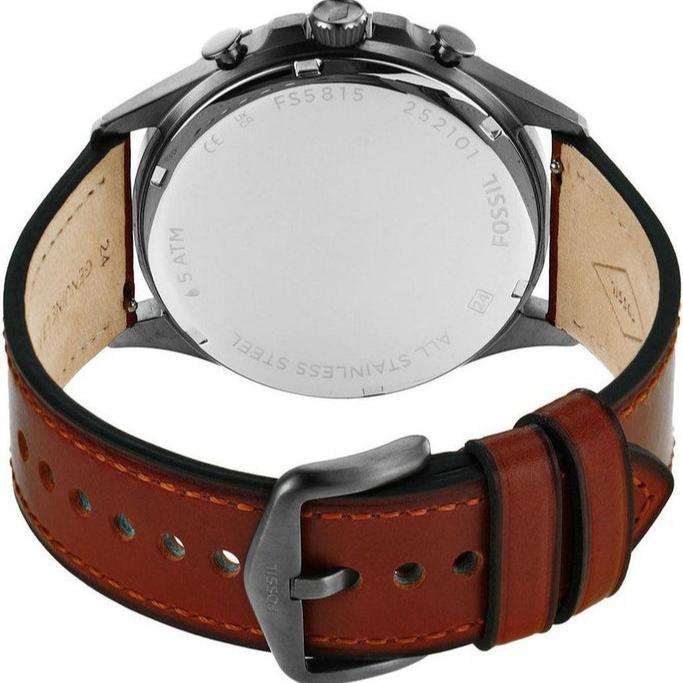 Fossil Forrester watch caseback with brown leather strap and buckle