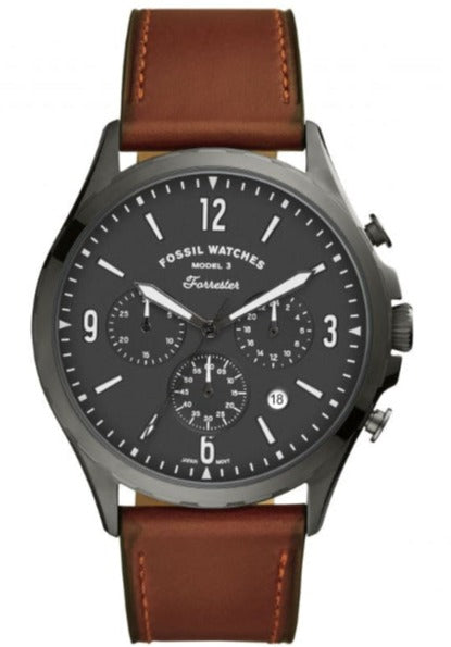 Fossil Forrester chronograph watch with grey dial and brown leather strap