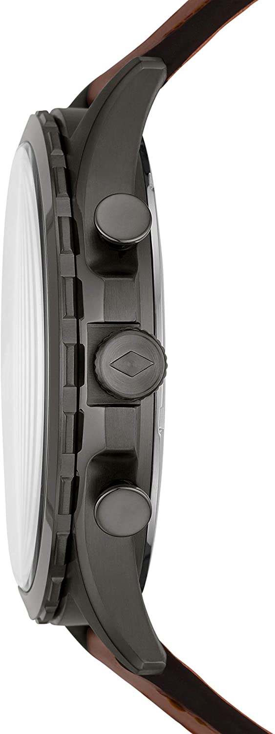 Side profile of Fossil Forrester watch showing chronograph subdials and pushers