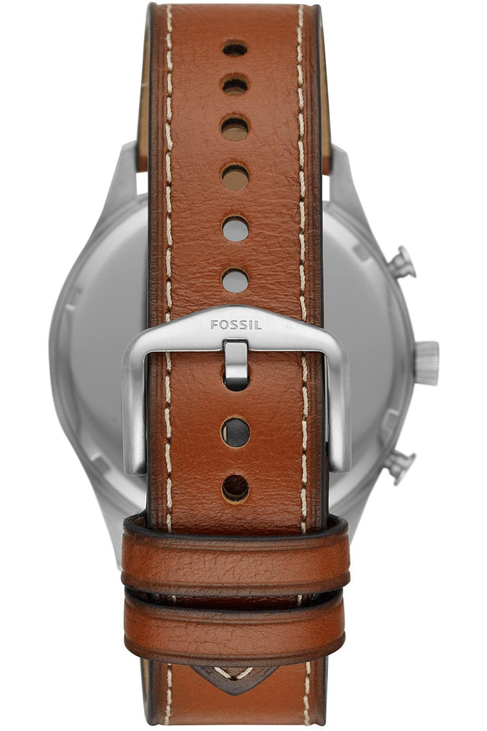 Brown leather strap detail of Fossil Forrester FS5815 with stitching and adjustment holes