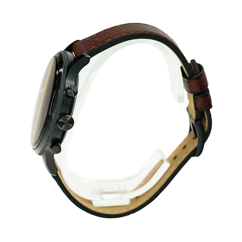 Fossil FS5833 caseback showing internal mechanism and leather strap interior