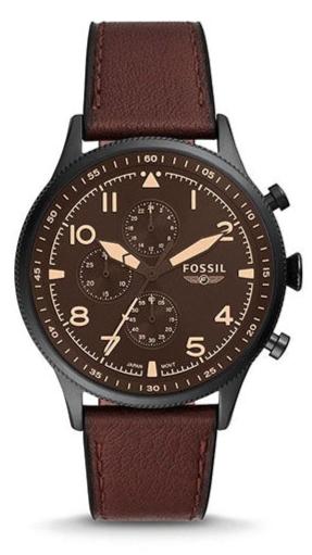 Fossil Retro Pilot Chronograph FS5833 with black dial and dark brown leather strap