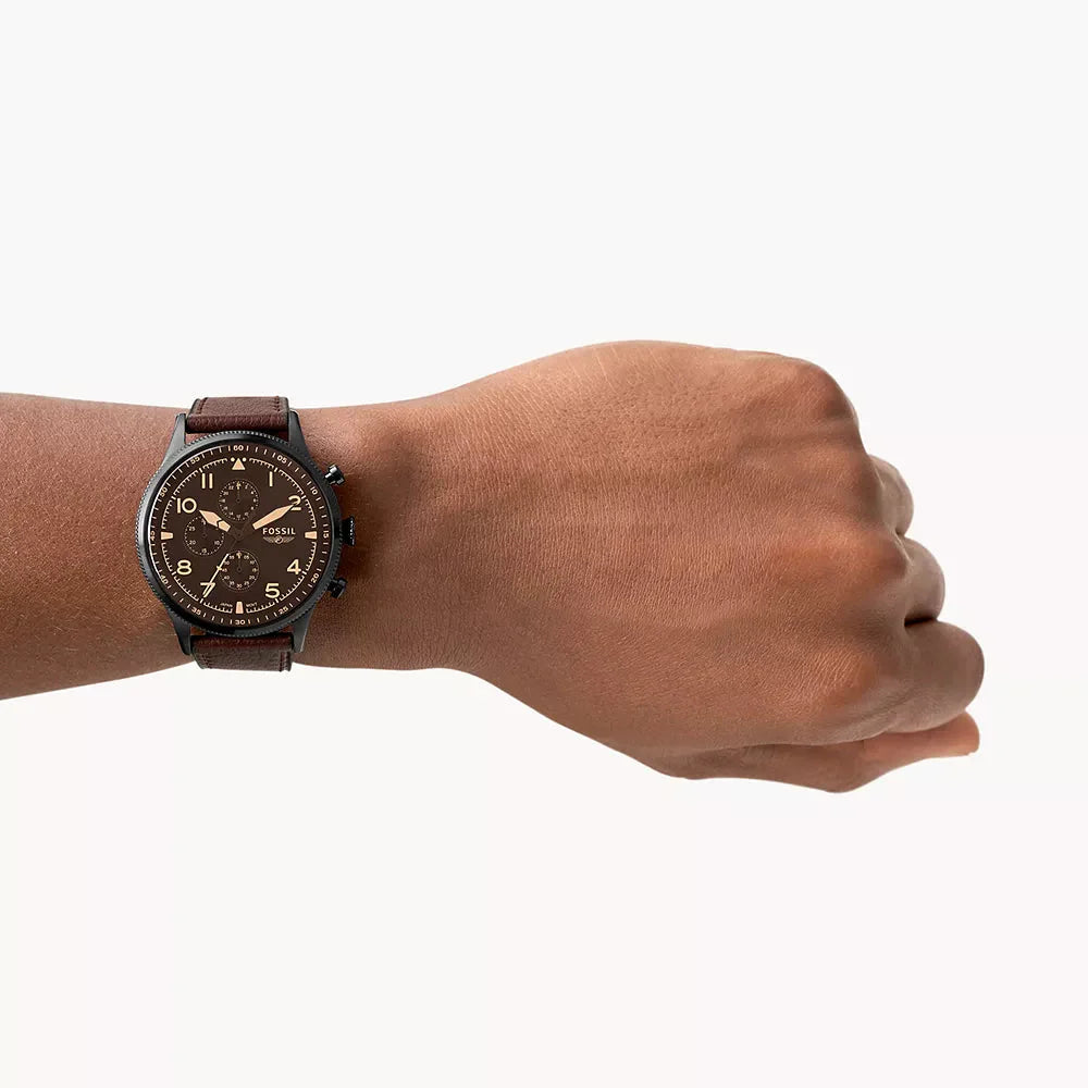 Fossil FS5833 retro pilot chronograph worn on wrist showing fit and proportions
