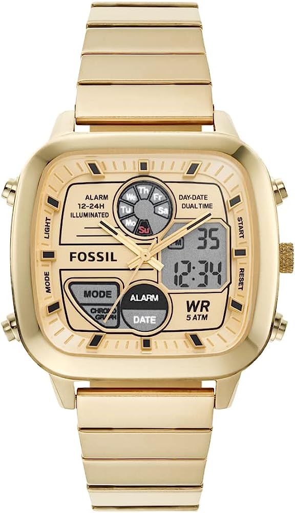 Fossil retro analog-digital gold-tone men's watch with square dial, dual display, and matching gold bracelet