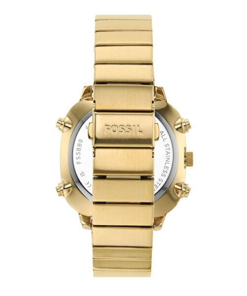 Back caseback view of gold-tone watch with Fossil branding and metal bracelet