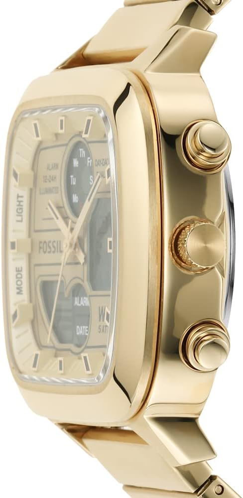 Side view of gold-tone analog-digital watch showing case thickness and pushbuttons