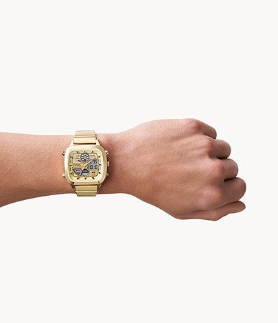 Gold-tone retro analog-digital watch worn on wrist with square case and link bracelet