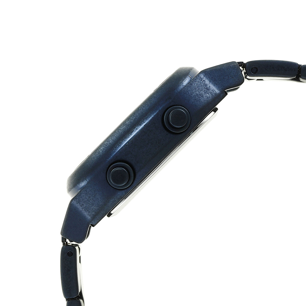 Fossil FS5896 detailed side angle showing chronograph pushers and blue strap