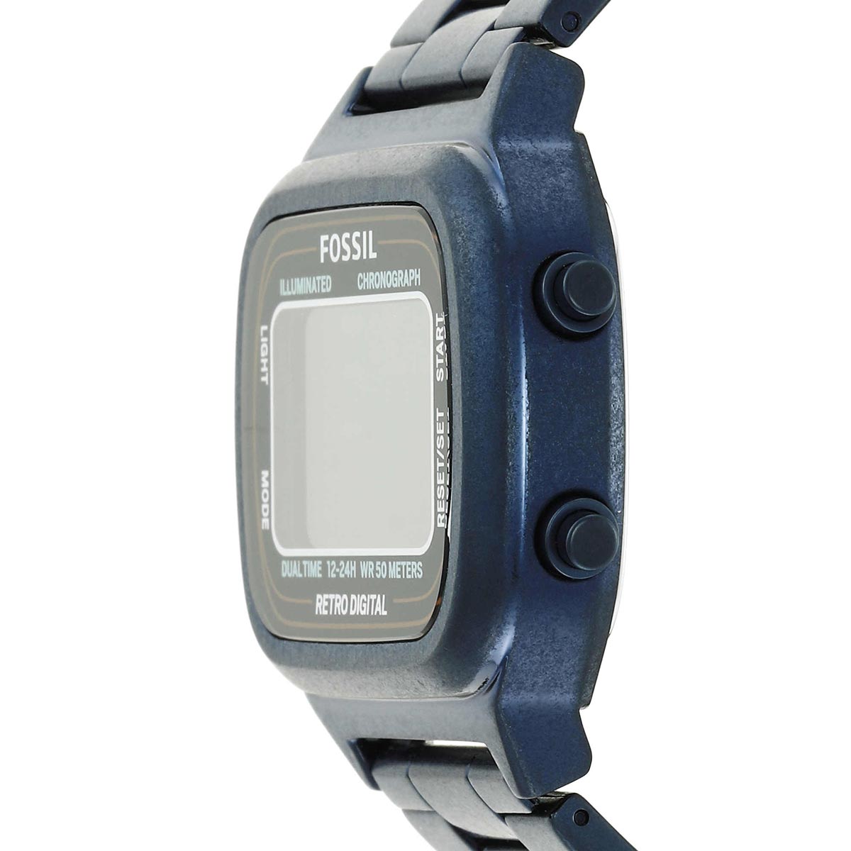Fossil FS5896 watch side profile showing blue case and strap with buttons