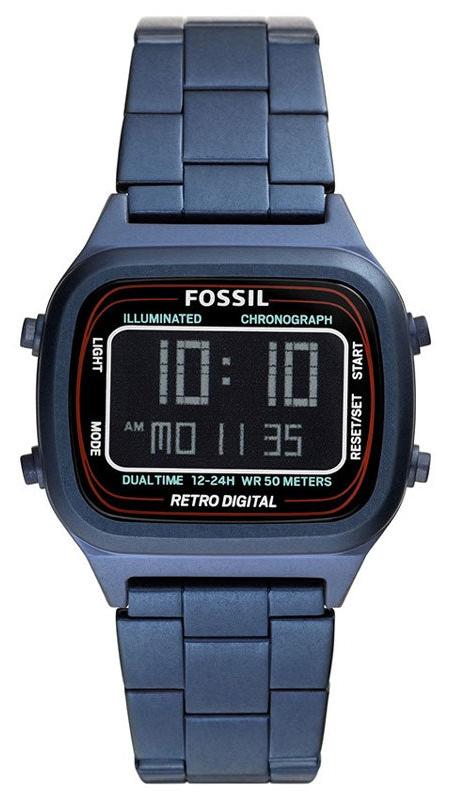 Fossil FS5896 retro digital watch with black dial and blue steel bracelet, frontal view