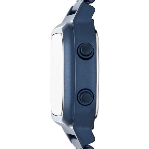Fossil FS5896 watch side view displaying case depth and blue steel strap