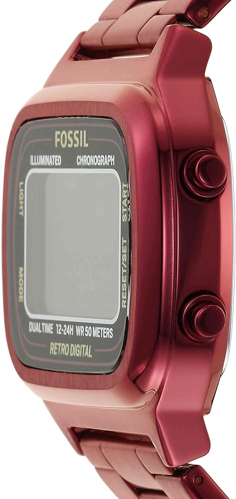 Fossil FS5897 pomegranate red stainless steel digital watch shown from side angle with control buttons visible