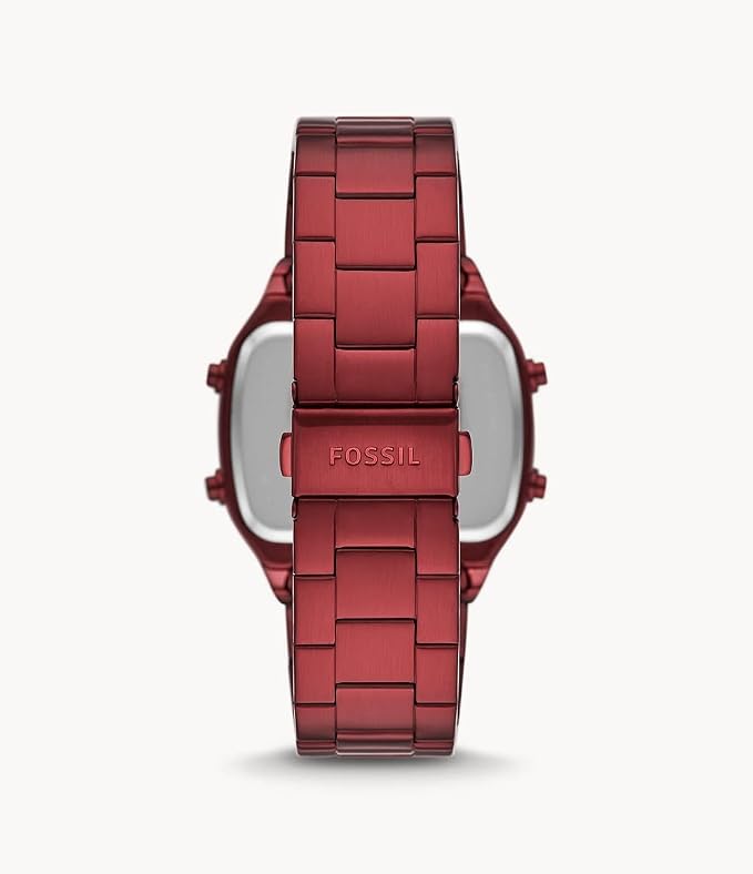 Fossil FS5897 digital watch shown from back displaying stainless steel case back and red steel bracelet