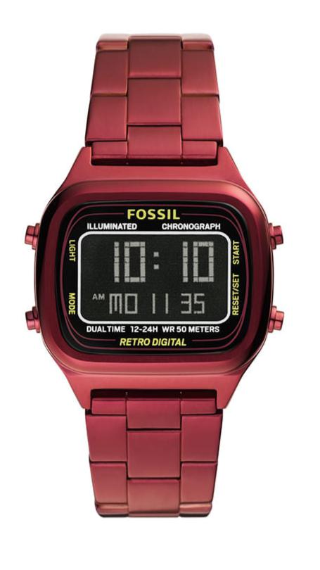 Fossil FS5897 retro digital watch with pomegranate red stainless steel case and bracelet, black LCD display showing time