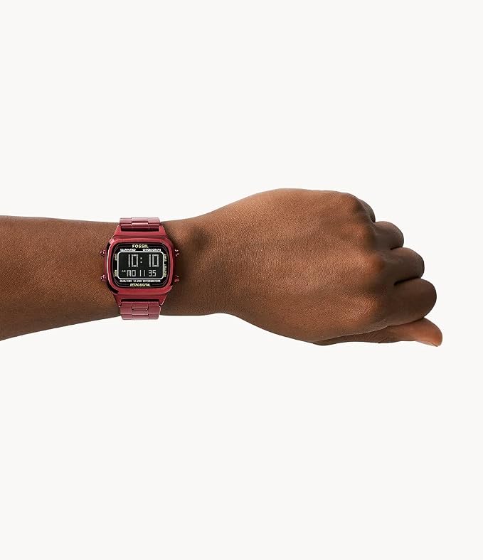 Fossil FS5897 pomegranate red digital watch worn on wrist showing rectangular case and red steel bracelet