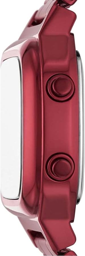Fossil FS5897 retro digital watch side profile showing pomegranate red steel case depth and control buttons