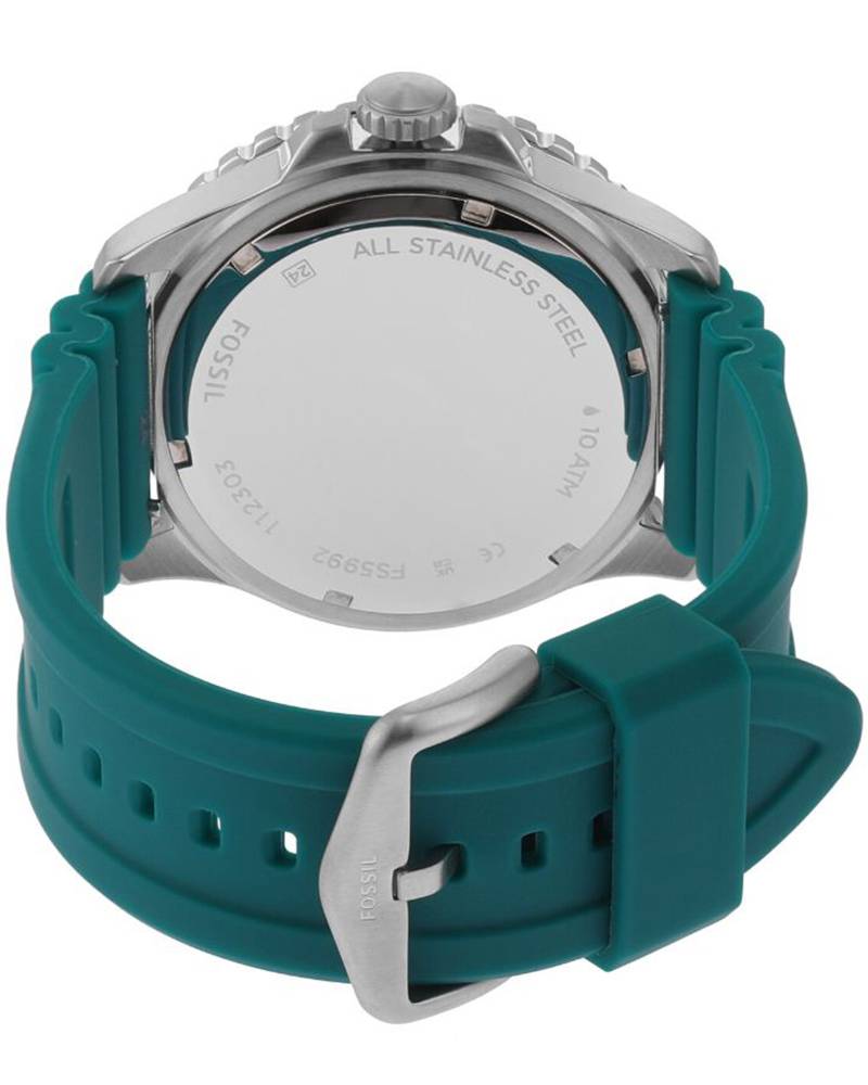 Fossil FS5992 caseback showing stainless steel case and teal blue strap