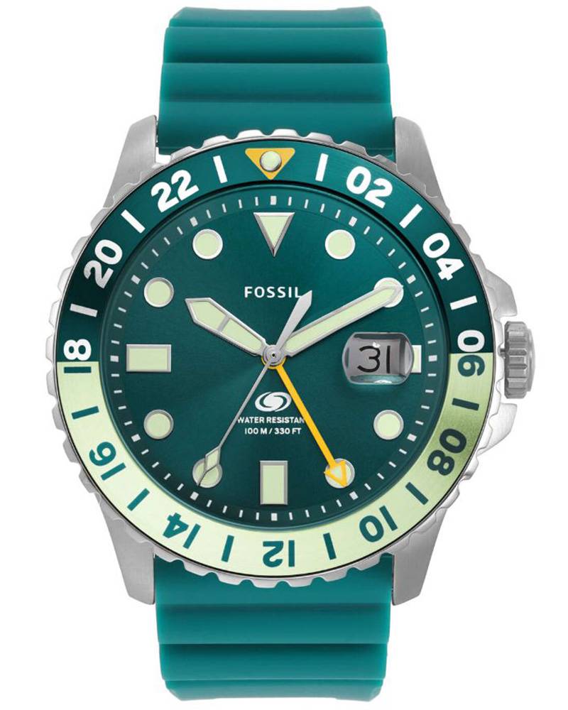 Fossil FS5992 watch with teal blue dial, stainless steel case, and silver band