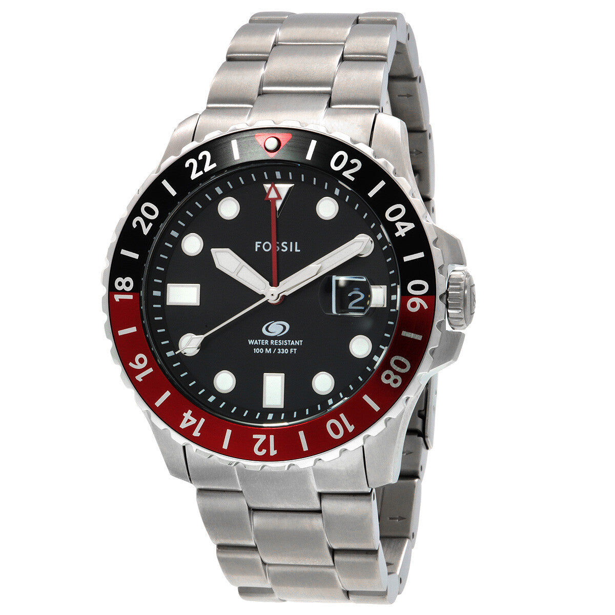 Fossil FS6092 men's watch at angle showing black dial, three white hands, GMT bezel, and steel link bracelet