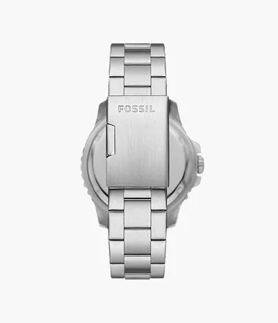 Fossil FS6092 caseback showing Fossil branding on stainless steel and link bracelet