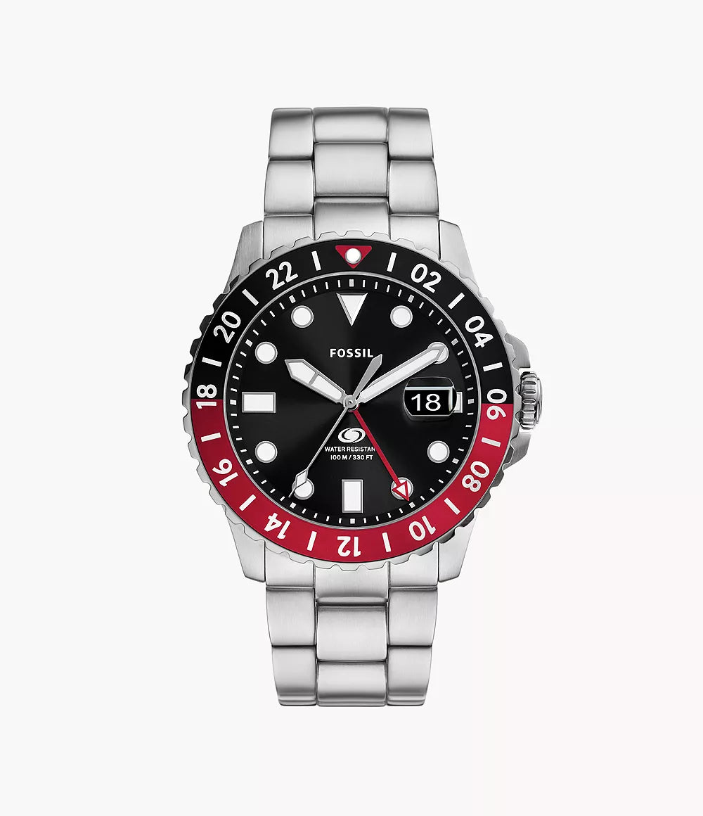 Fossil FS6092 three-hand quartz watch with black dial, white markers, red and black GMT bezel, steel bracelet and date window