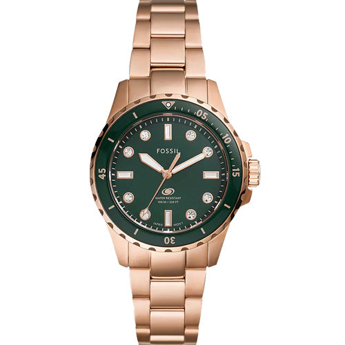 Fossil Gabby ES5371 three-quarter view showing gold-tone bracelet and green dial