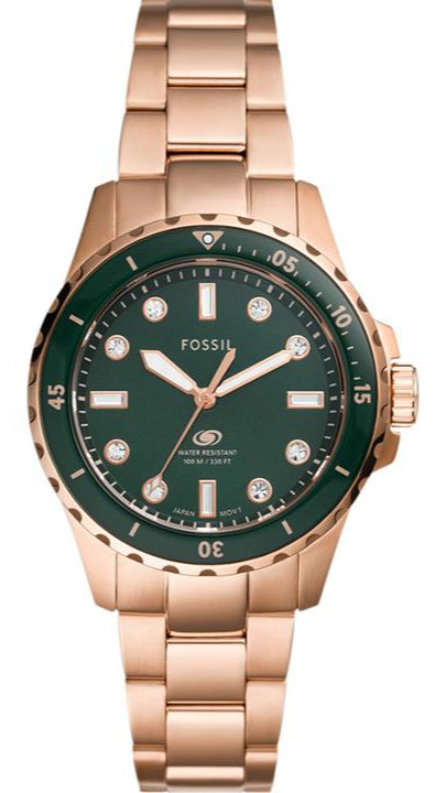 Fossil Gabby ES5371 gold-tone watch with green dial and diamond hour markers