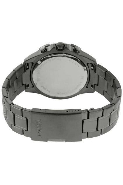 Caseback view of Fossil Garrett Chronograph watch showing stainless steel bracelet lugs