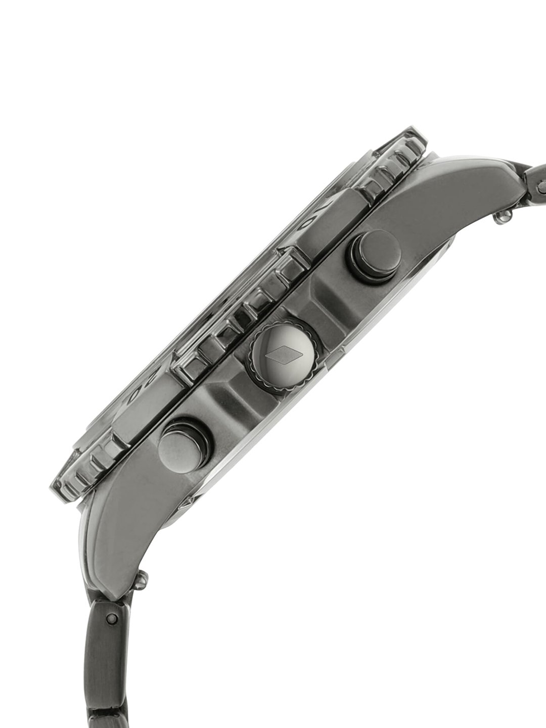 Side profile of Fossil Garrett Chronograph watch showing case depth and chronograph pushers