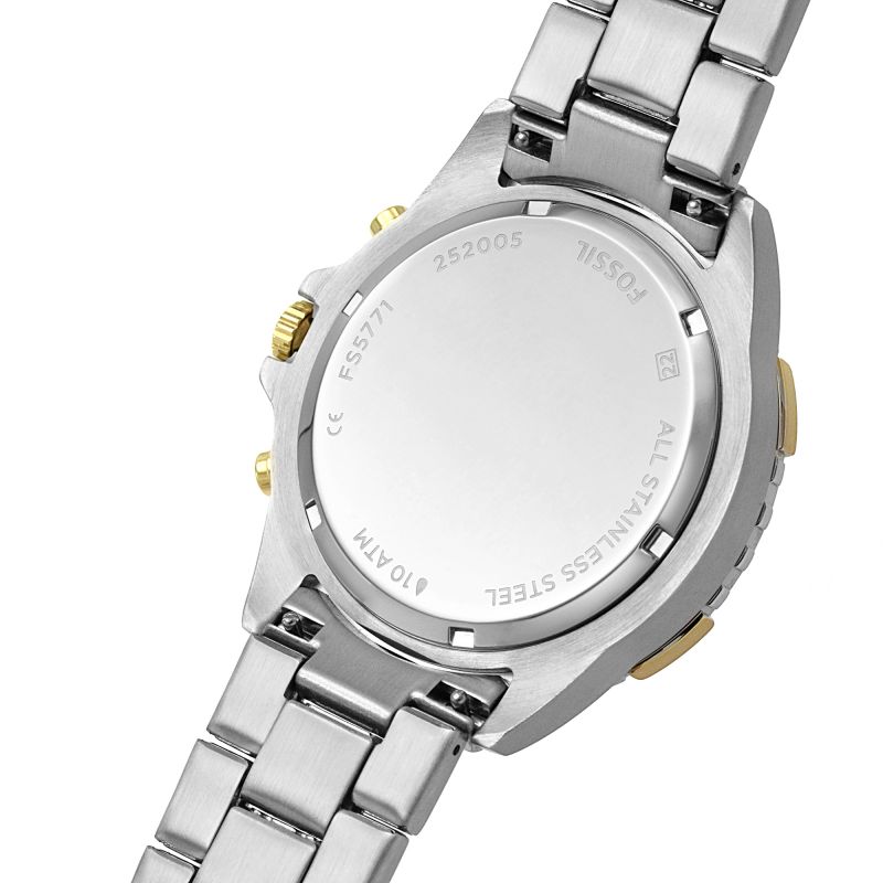 Caseback of Fossil Garrett chronograph watch with engraved text and specifications