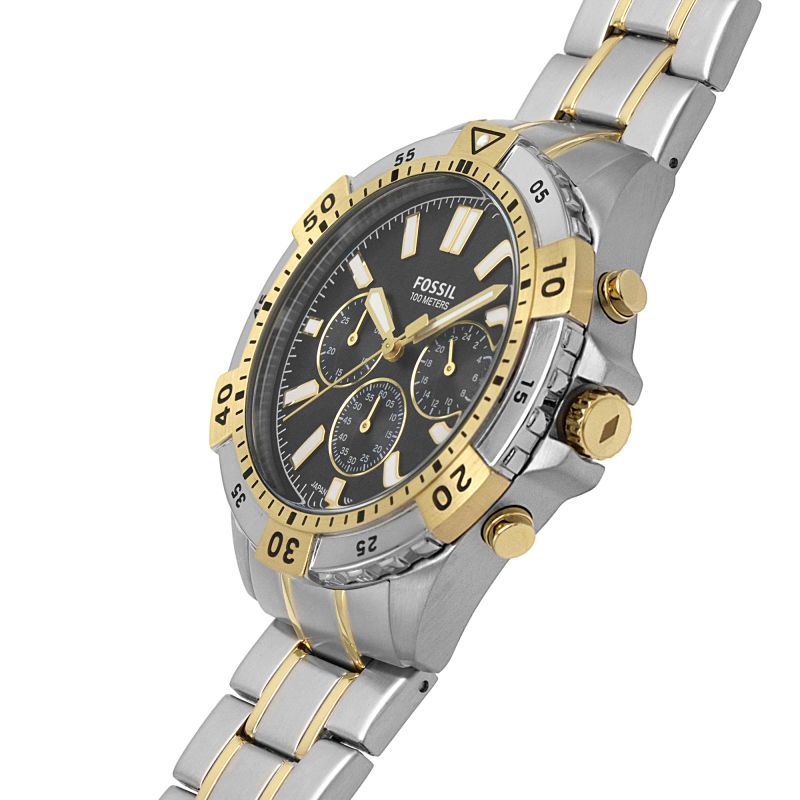 Side angled view of Fossil Garrett chronograph watch showing case profile and bracelet