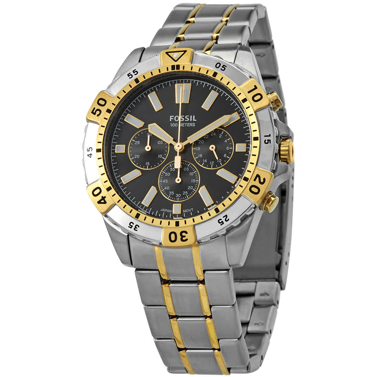 Fossil Garrett chronograph watch with black dial, two-tone stainless steel case and bracelet