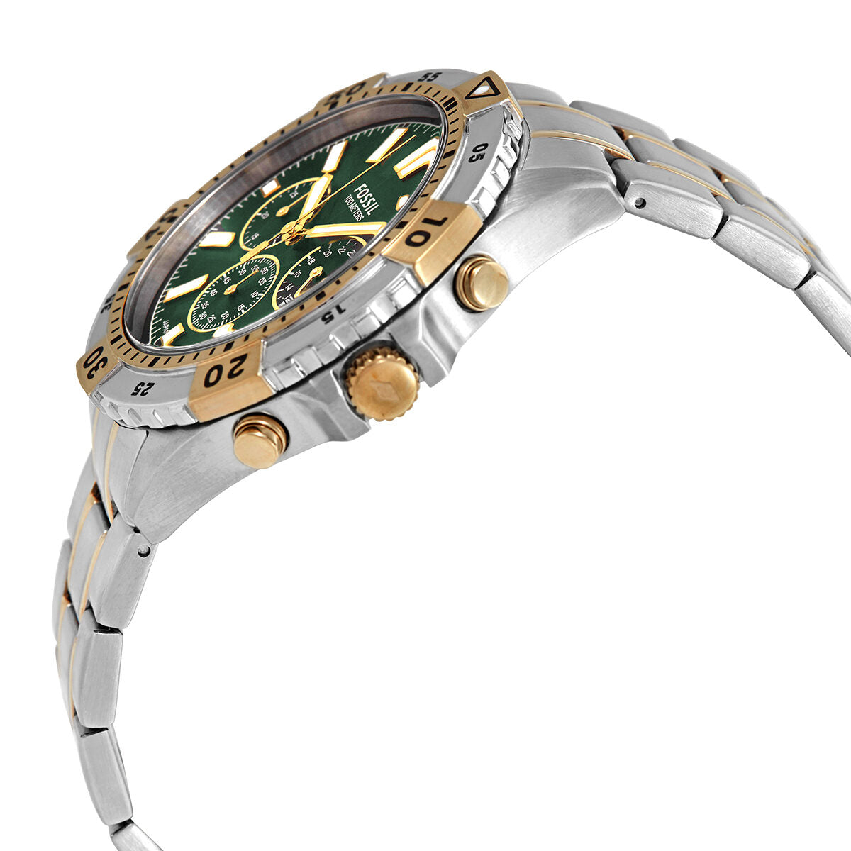Fossil Garrett chronograph watch at angle showing green dial, gold-tone bezel and two-tone bracelet