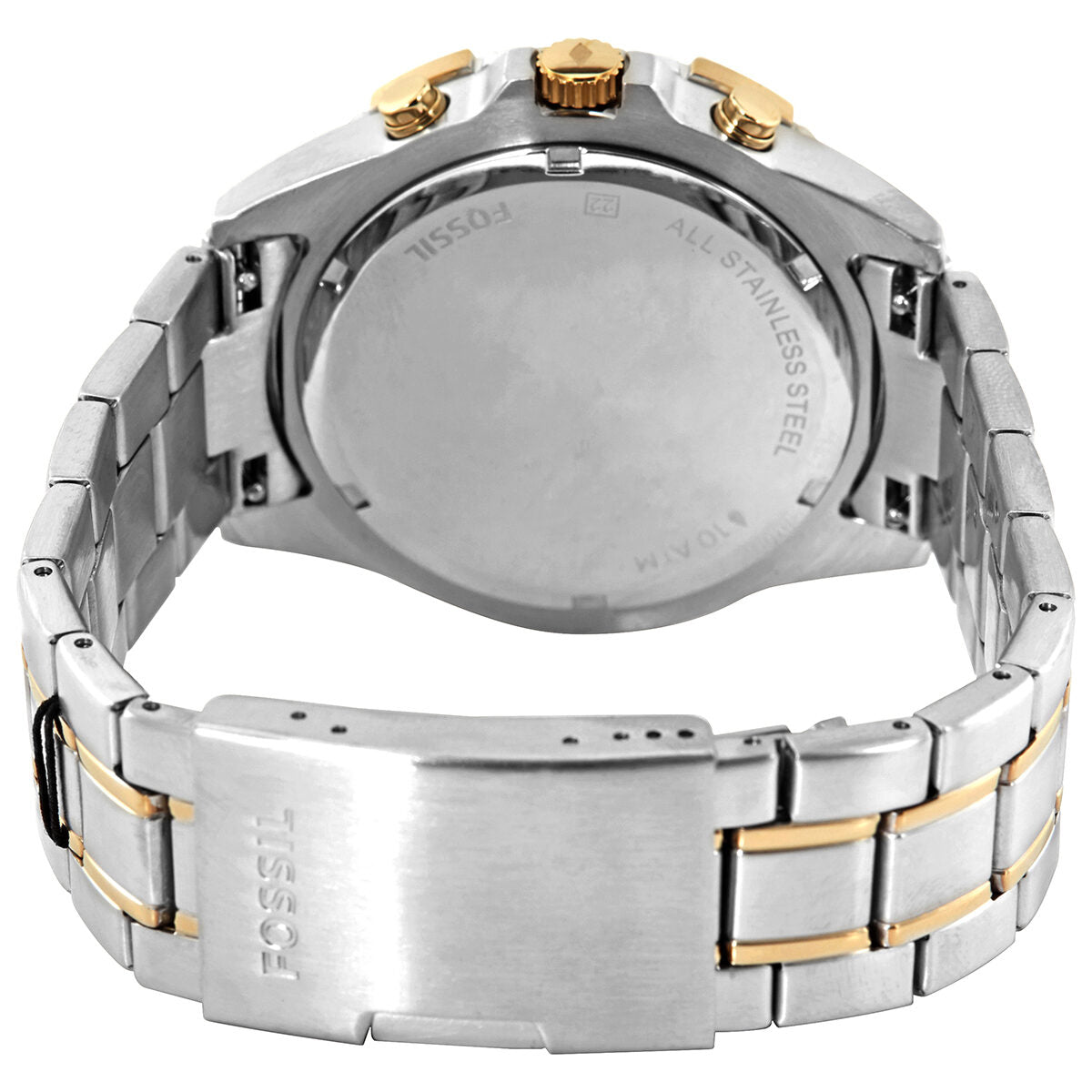 Fossil Garrett watch caseback showing stainless steel case back and two-tone bracelet