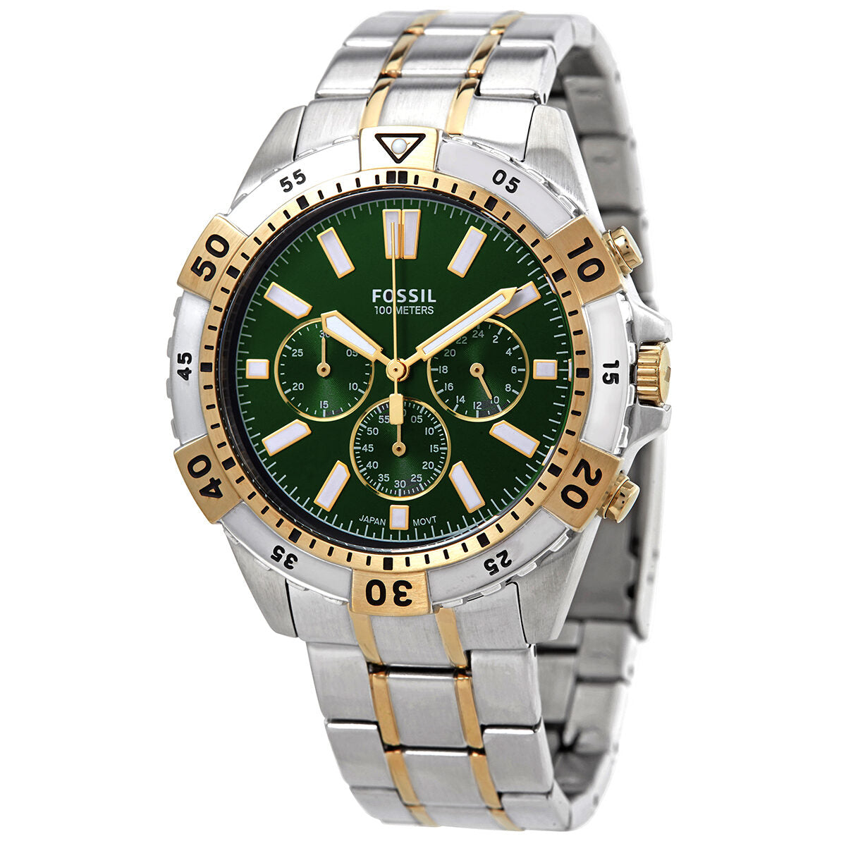 Fossil Garrett chronograph watch with green dial, two-tone stainless steel and gold-tone bracelet